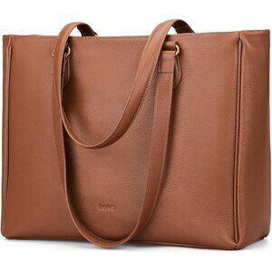 Cognac Brown Leather Tote with Padded 15.6" Laptop Sleeve – Stylish & Functional